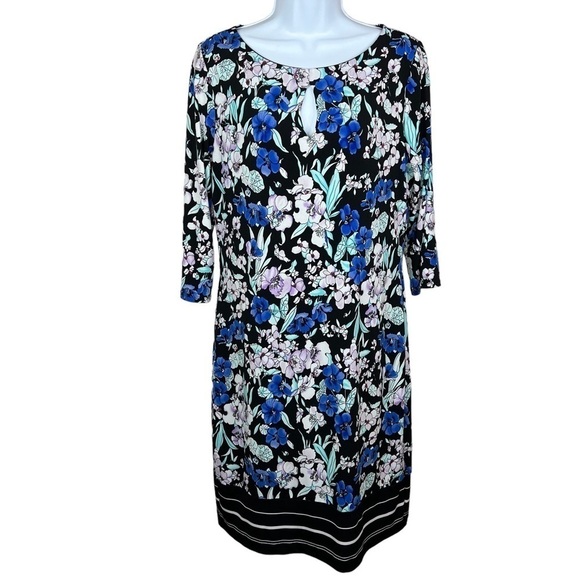 Medium Liz Claiborne Blue Floral Stretch Midi Lined Event Party Cocktail - Picture 1 of 11